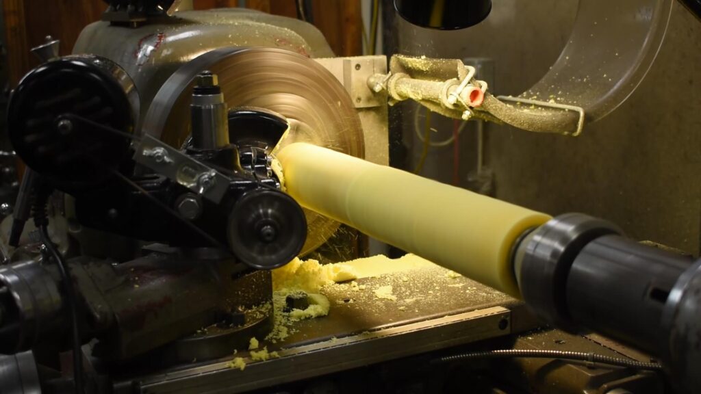 Urethane Tube on a Lathe Being Machined